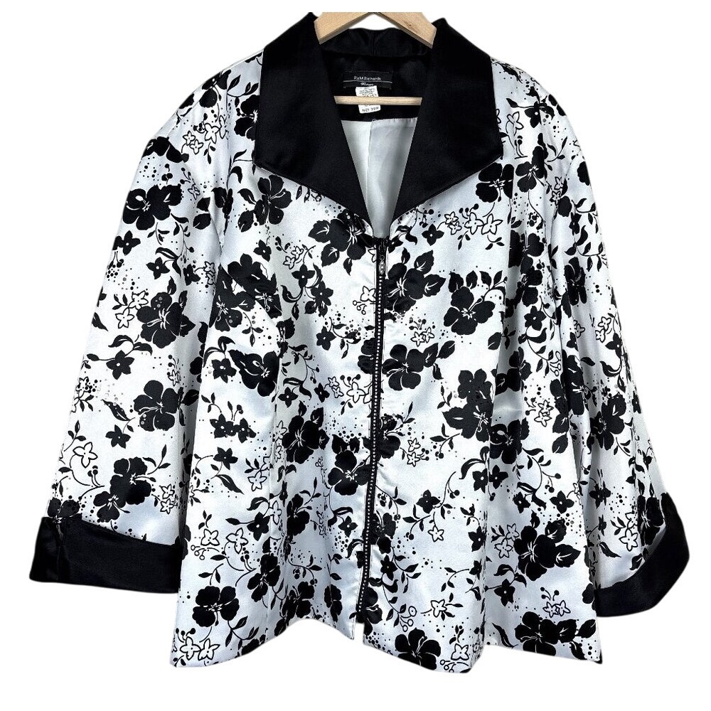 R&M Richards Woman Jacket 34W Black White Floral Zip-Up Sequins Special Occasion